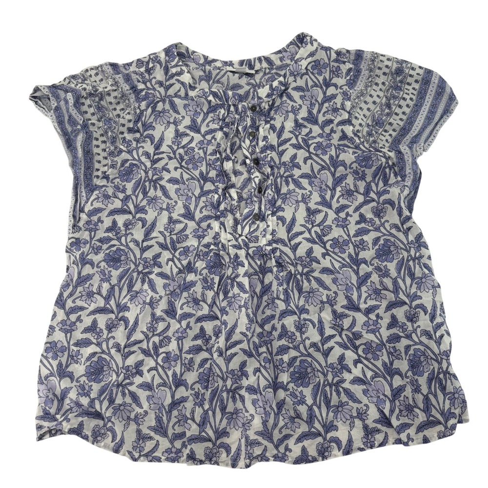 J. Jill Blue White Floral Cotton Flutter Sleeve Henley Top Medium RN 97641
